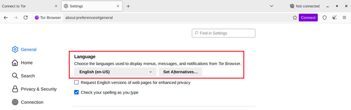 Select display language of Tor Browser